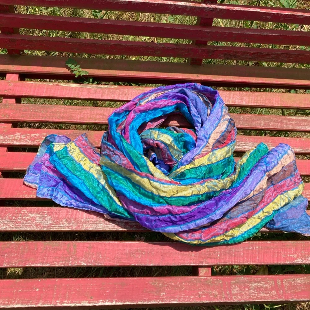 ARTISAN Scarf Reversesible Crinkle Silk Colorful Blue Purple Green Pink Yellow